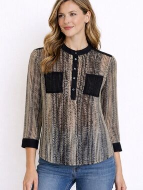 Zoa New York Black/ White Sheer Blouse Black Cuffs Front Pockets Buttons Small